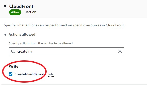Select create invalidation under actions allowed