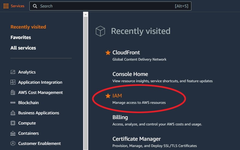 Select IAM on aws panel