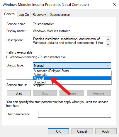 set manual startup for windows modules installer
