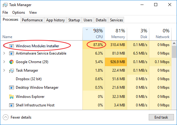 windows modules installer cpu usage